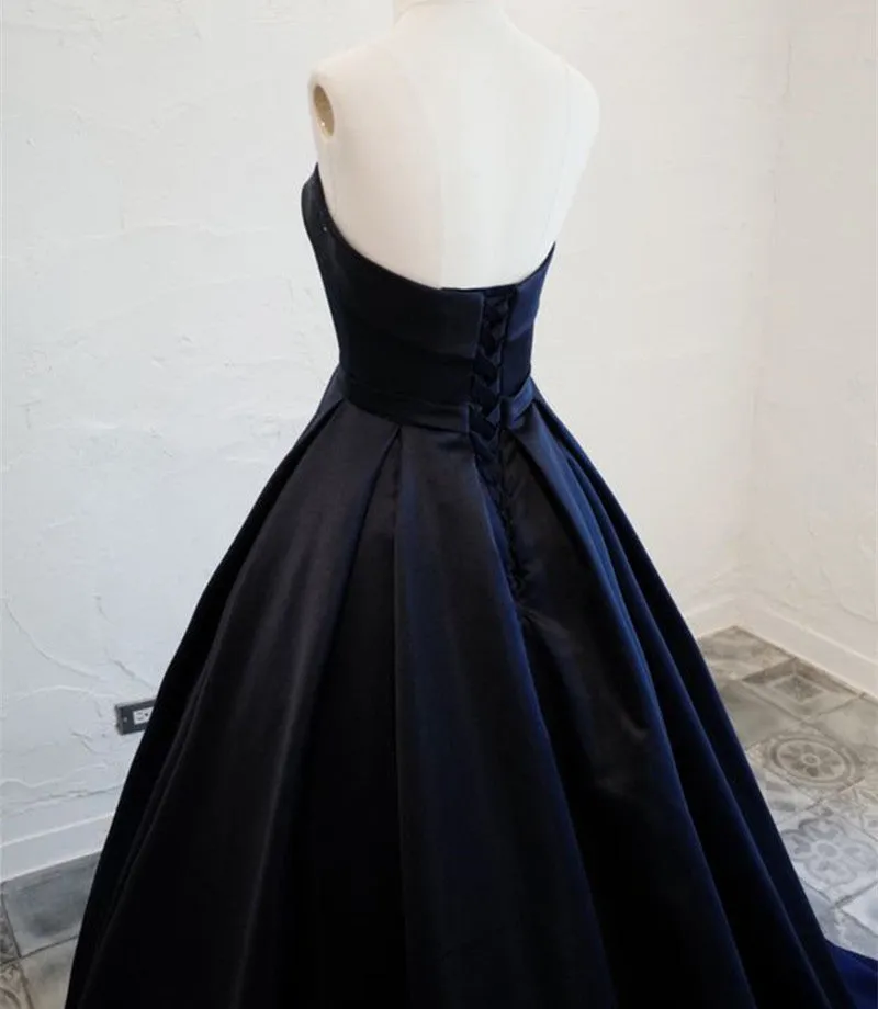 Navy Blue Satin Long Party Dress,  Elegant Dark Blue Formal Dress Evening Dress