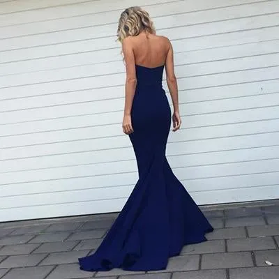 Navy Blue Sweetheart Pleats Mermaid Bridesmaid Dresses With Sweep Train, MB199