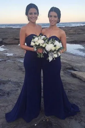 Navy Blue Sweetheart Pleats Mermaid Bridesmaid Dresses With Sweep Train, MB199
