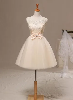 New Champagne Knee Length Party Dress with Bow, Cute Homecoming Dress