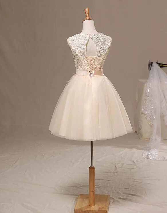 New Champagne Knee Length Party Dress with Bow, Cute Homecoming Dress