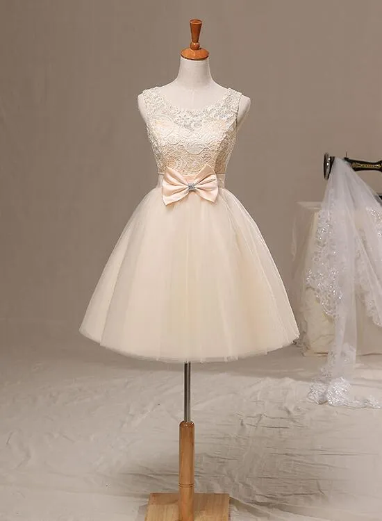 New Champagne Knee Length Party Dress with Bow, Cute Homecoming Dress