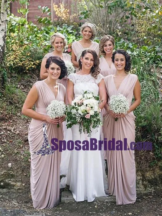 New Unique Design Cheap Elegant V Neck Long Blush Pink Chiffon Bridesmaid Dresses, Wedding Guest Dress online WG241