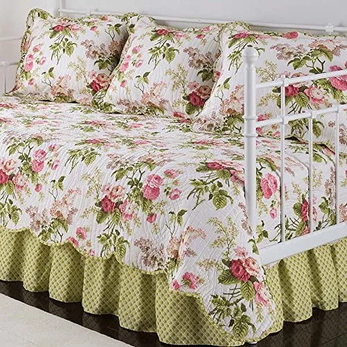 New WAVERLY Emma's Garden Modern Farmhouse Floral 5-Piece Reversible Daybed Quilt Bedspread Set, 105" x 54", Blossom, Retails $294 