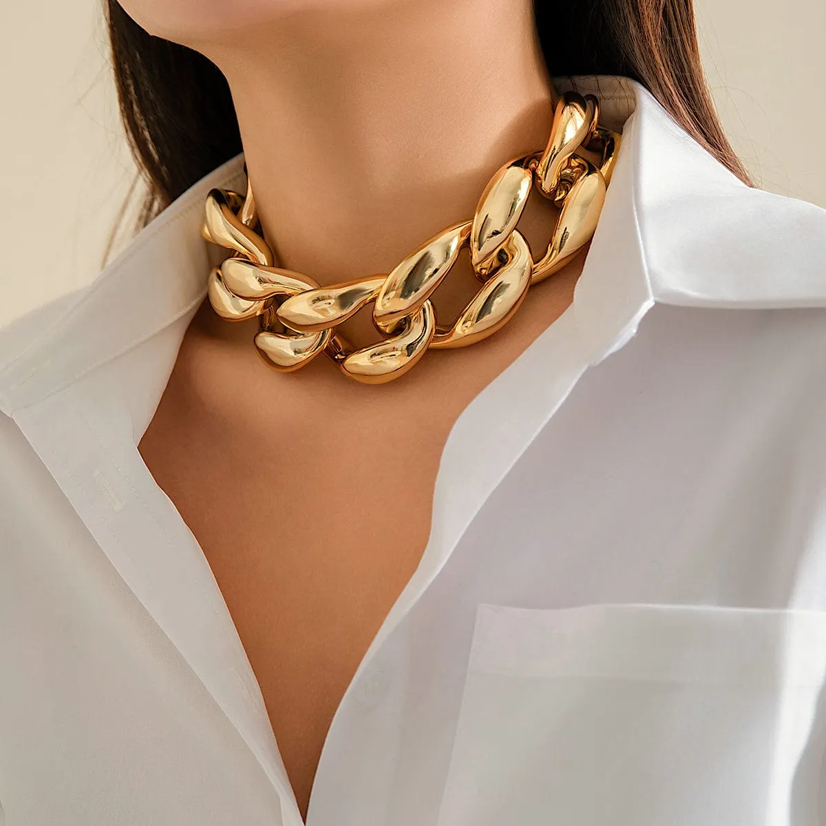 Newly Gold Silver Plated Chunky Curb Chain Choker Necklace