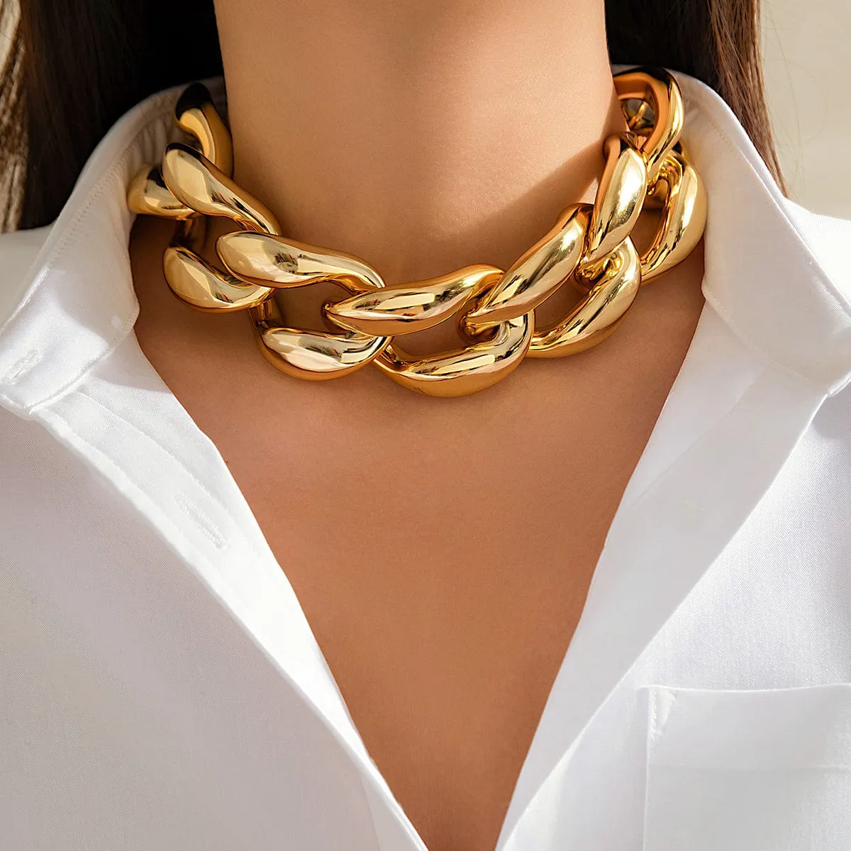 Newly Gold Silver Plated Chunky Curb Chain Choker Necklace