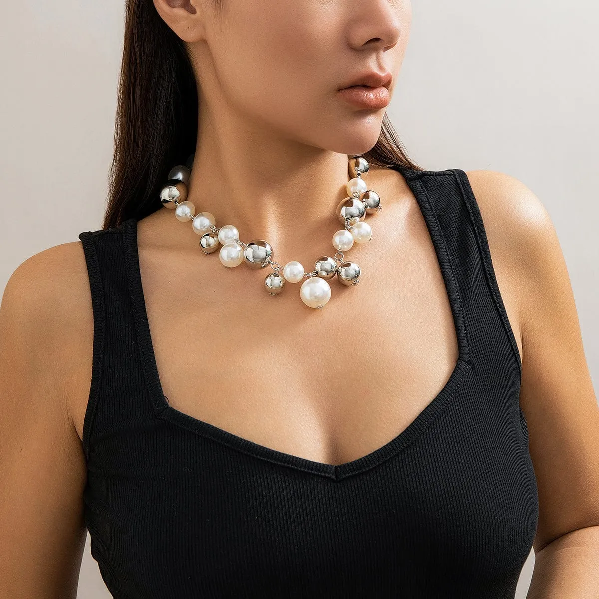 Newly Gold Silver Plated Chunky Pearl Chain Choker Necklace