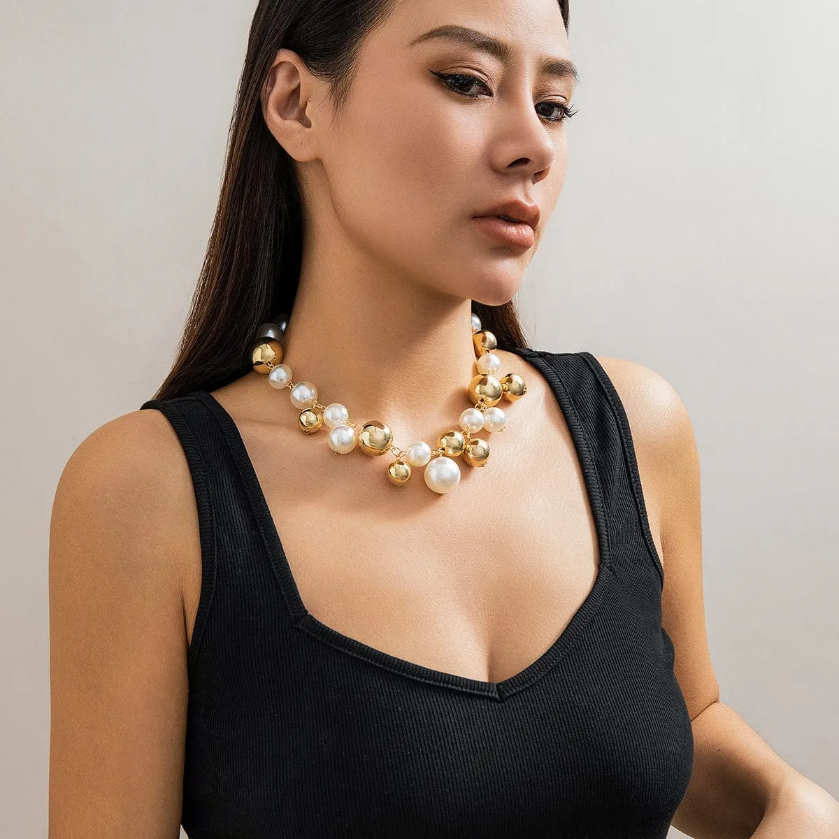 Newly Gold Silver Plated Chunky Pearl Chain Choker Necklace