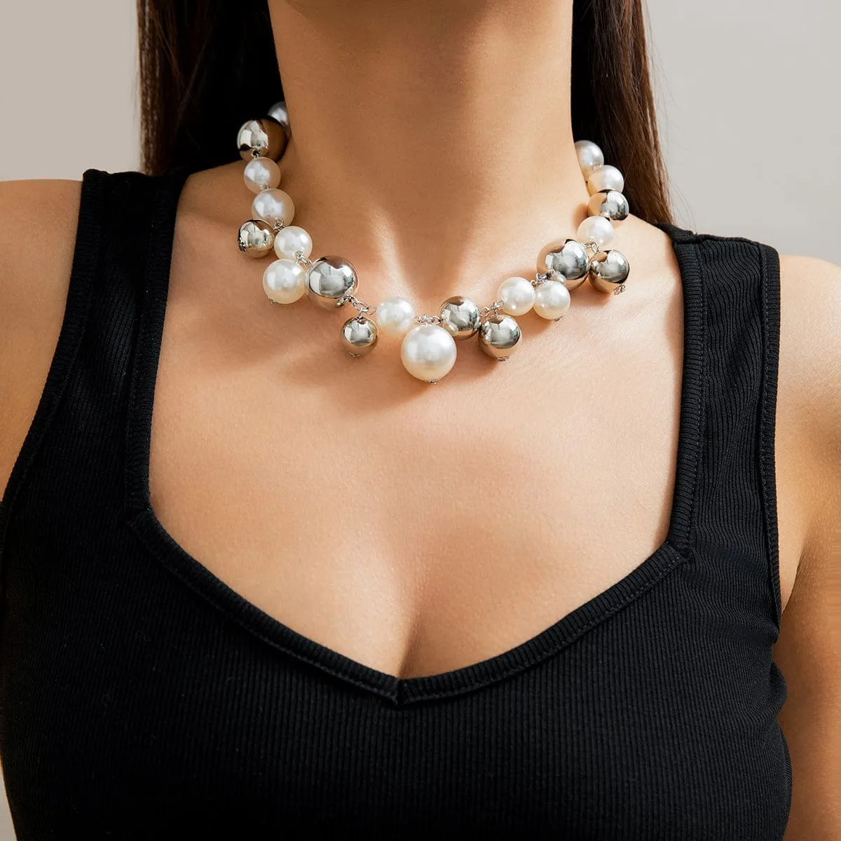 Newly Gold Silver Plated Chunky Pearl Chain Choker Necklace