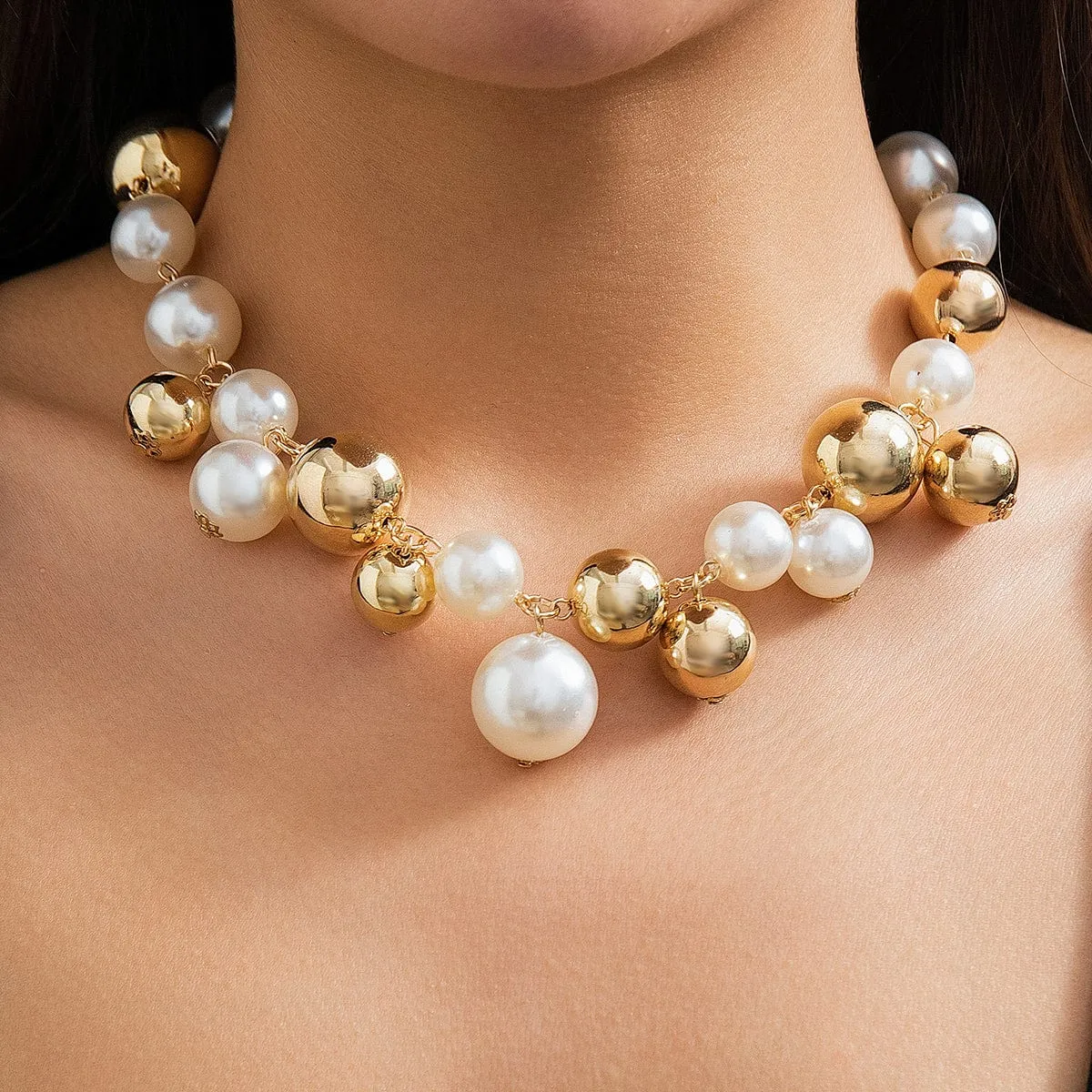 Newly Gold Silver Plated Chunky Pearl Chain Choker Necklace