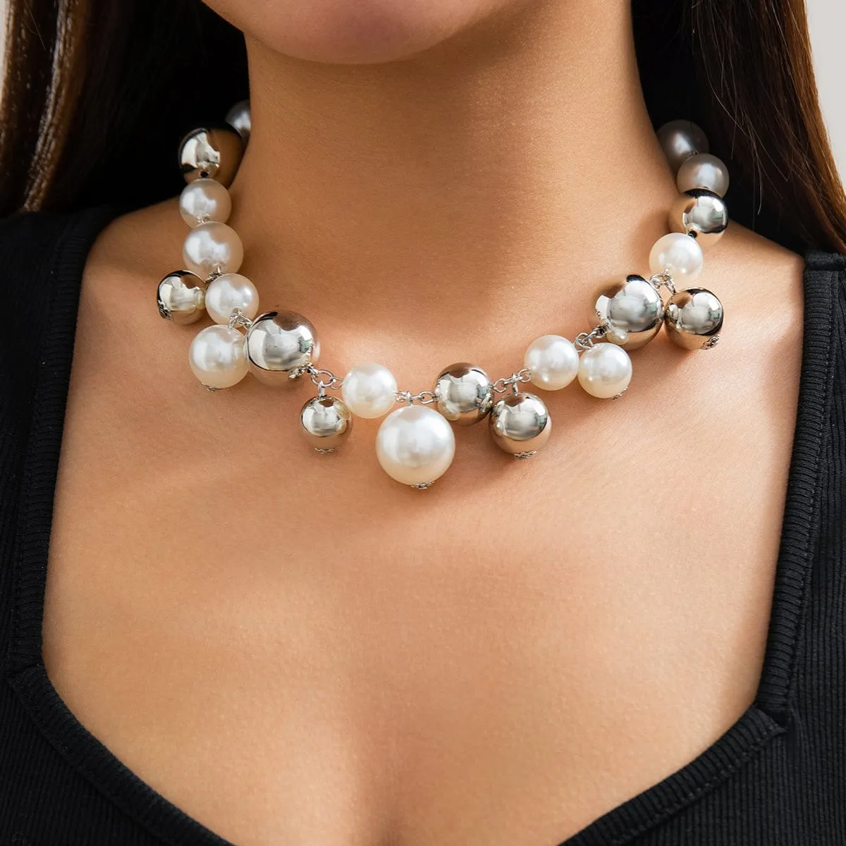 Newly Gold Silver Plated Chunky Pearl Chain Choker Necklace