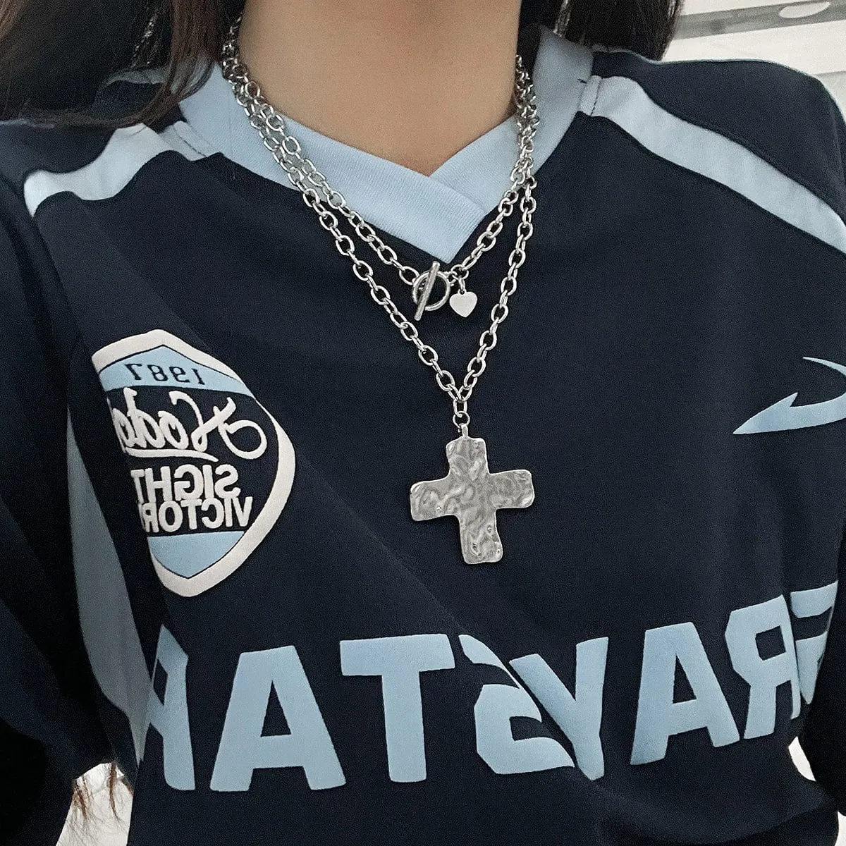 Newly Layered Toggle Clasp Chunky Cross Pendant Necklace Set