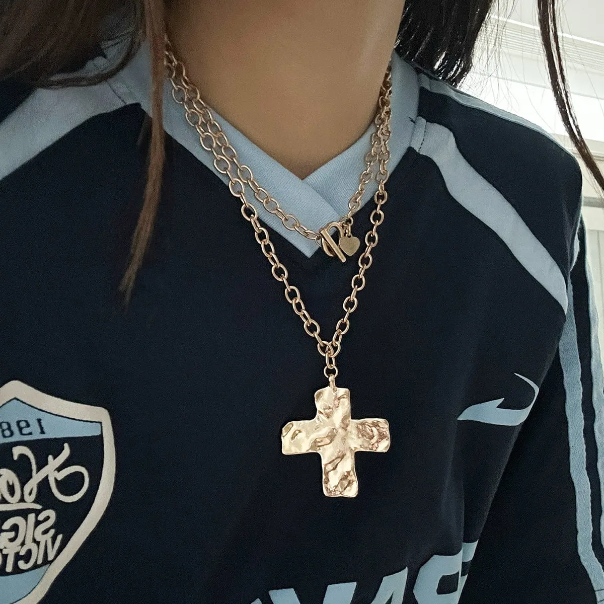 Newly Layered Toggle Clasp Chunky Cross Pendant Necklace Set