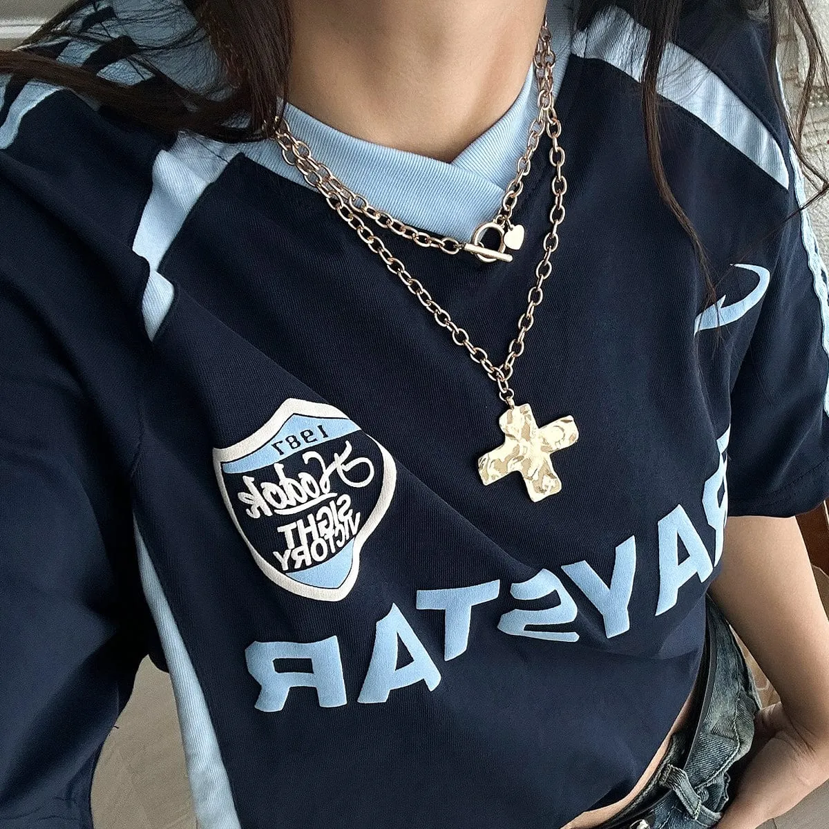 Newly Layered Toggle Clasp Chunky Cross Pendant Necklace Set