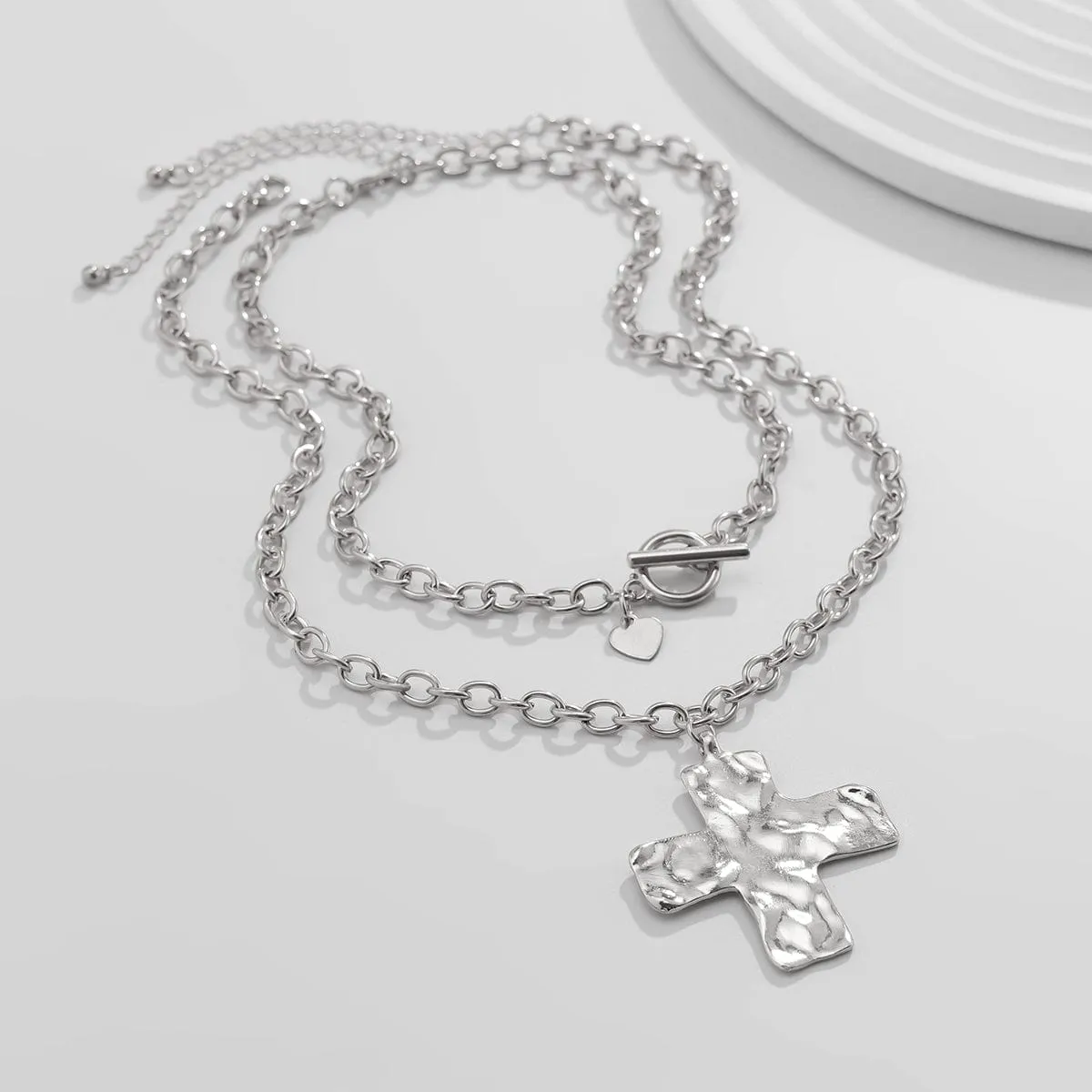 Newly Layered Toggle Clasp Chunky Cross Pendant Necklace Set