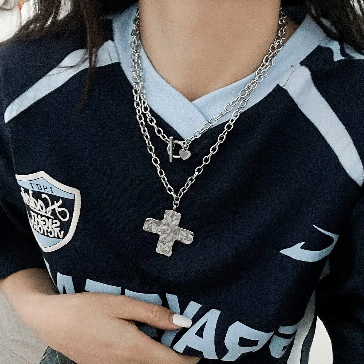 Newly Layered Toggle Clasp Chunky Cross Pendant Necklace Set