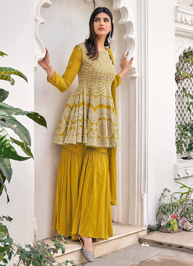 Ochre Yellow Embroidered Gharara Suit