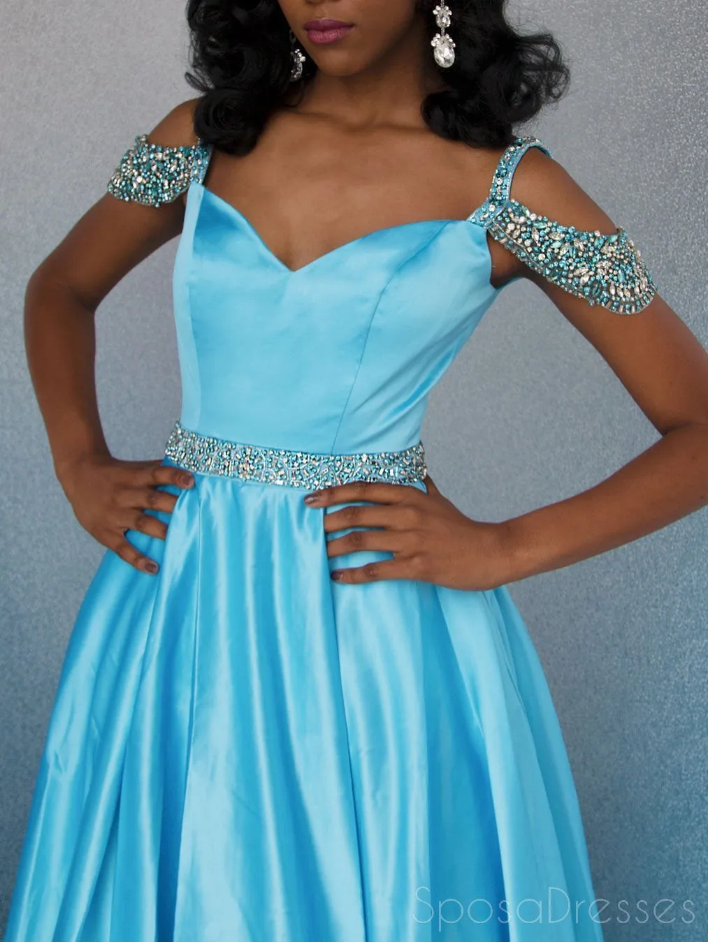 Off Shoulder Blue Beaded A-line Cheap Evening Prom Dresses, Sweet 16 Dresses, 17495