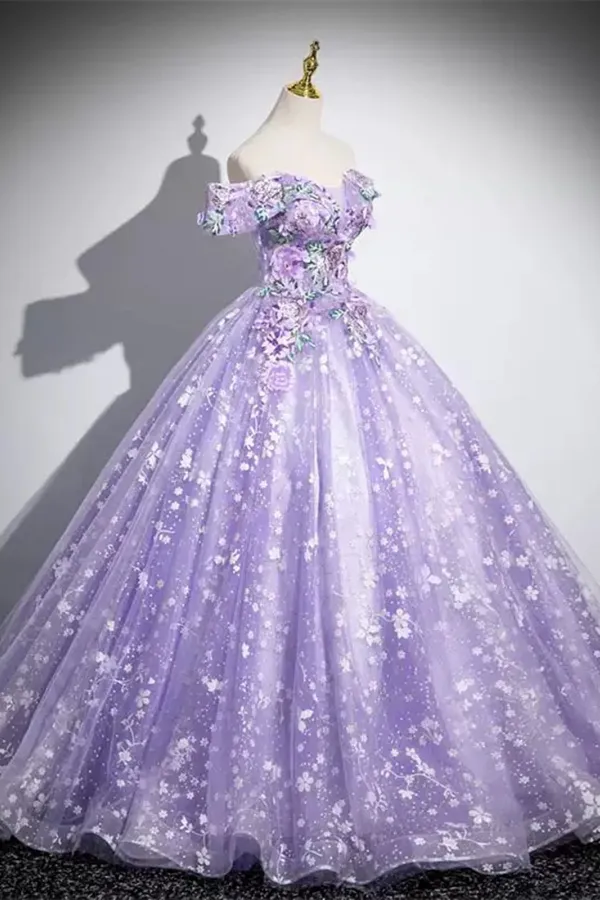 Off Shoulder Purple Lace Sweetheart Party Dress, Purple Sweet 16 Dress APP1071