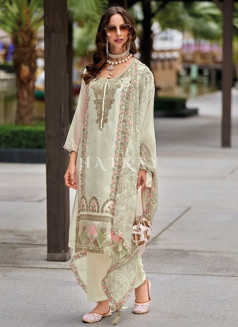 Off White Embroidered Organza Salwar Kameez