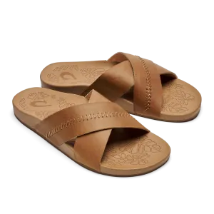 OluKai Womens Kīpe‘a ‘Olu Leather Slide Sandals - Sahara / Sahara