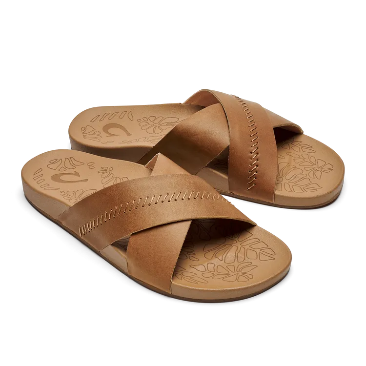 OluKai Womens Kīpe‘a ‘Olu Leather Slide Sandals - Sahara / Sahara