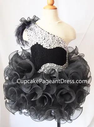 One Shoulder Feather Beaded Bodice Black Cupcake Pageant Dress