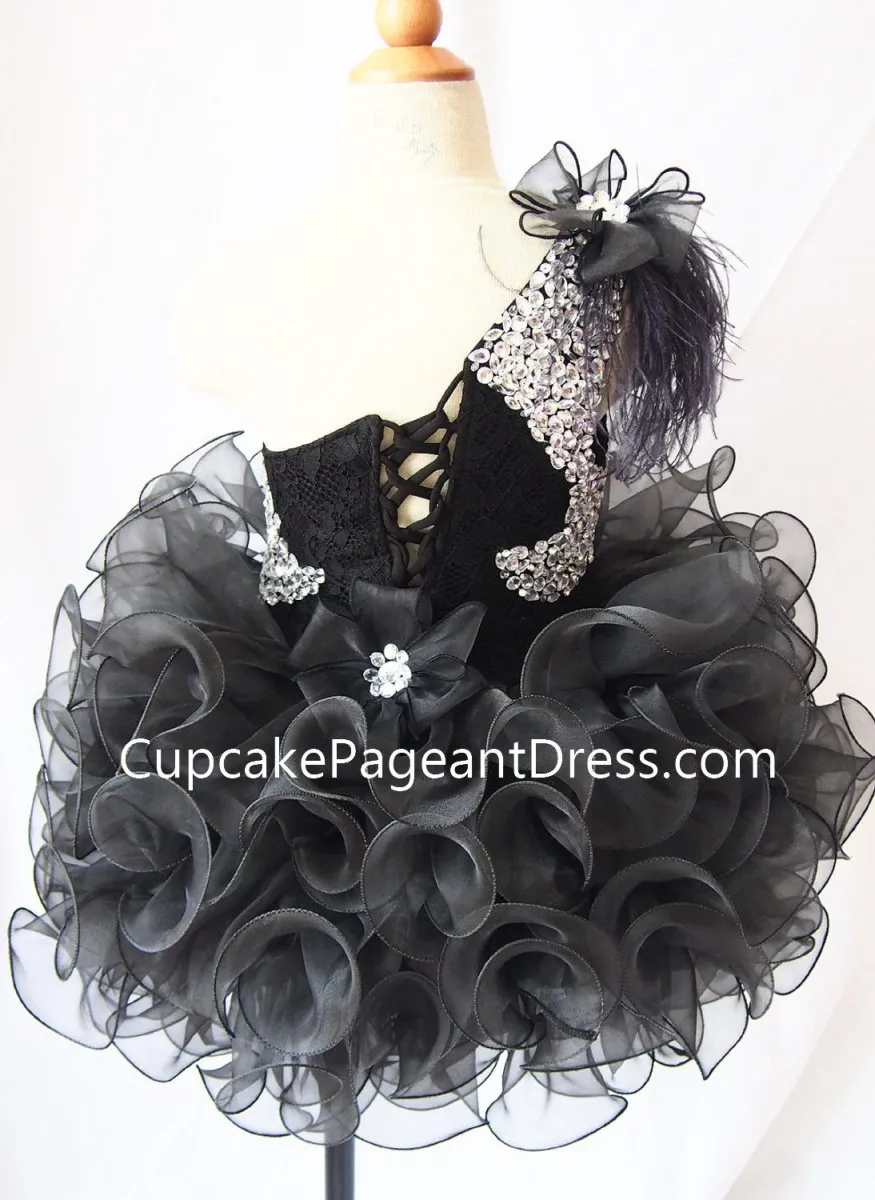 One Shoulder Feather Beaded Bodice Black Cupcake Pageant Dress