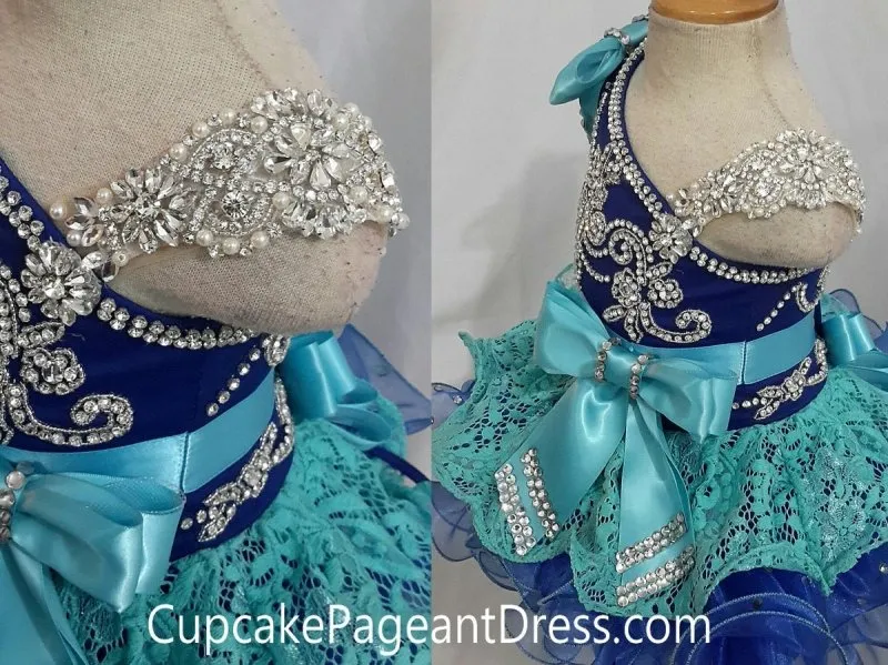 One Shoulder Glitz Stone Lace Little Girls' Cupcake Pageant Dress