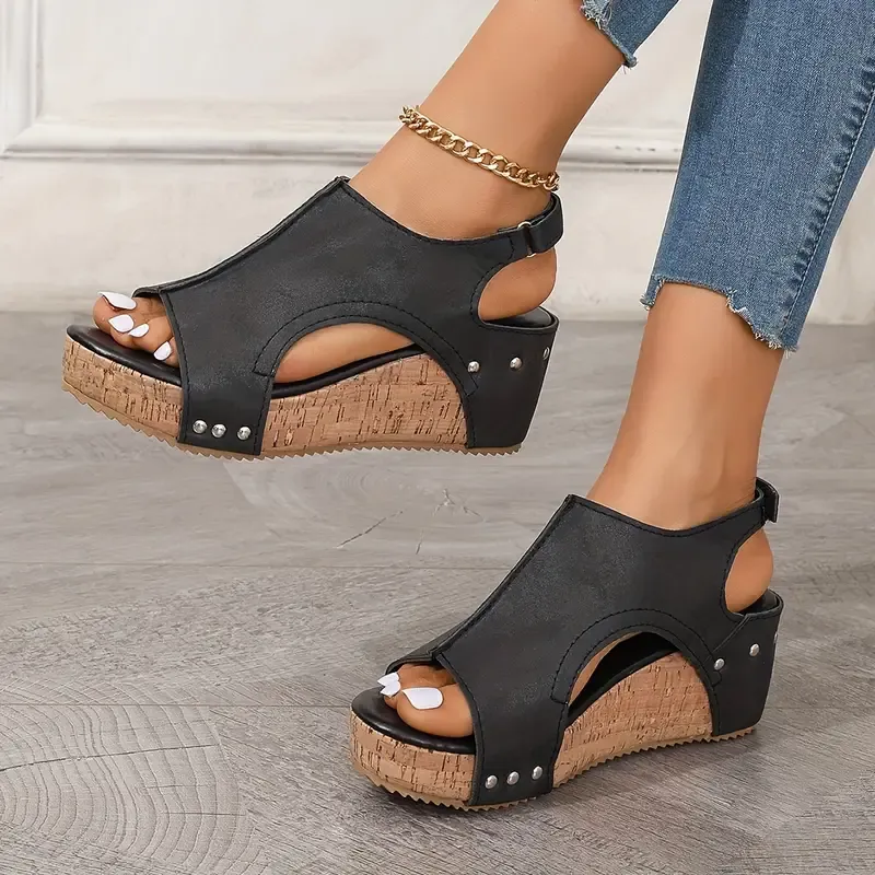 Open-Toe Wedge Sandals with Cork Heel and Studded Design