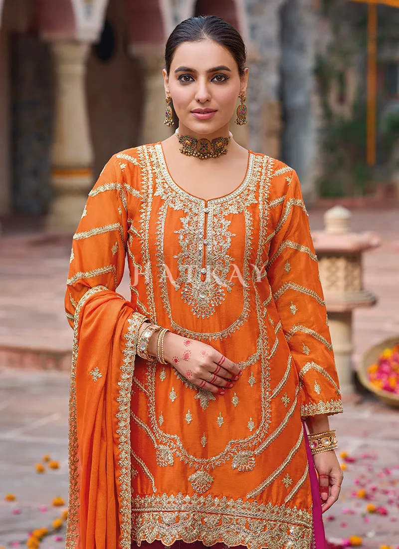 Orange And Magenta Embroidery Sharara Style Suit