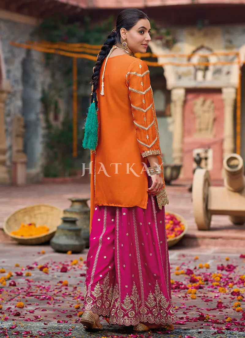 Orange And Magenta Embroidery Sharara Style Suit