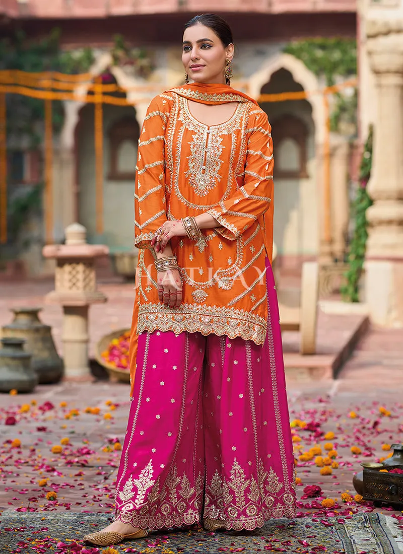 Orange And Magenta Embroidery Sharara Style Suit