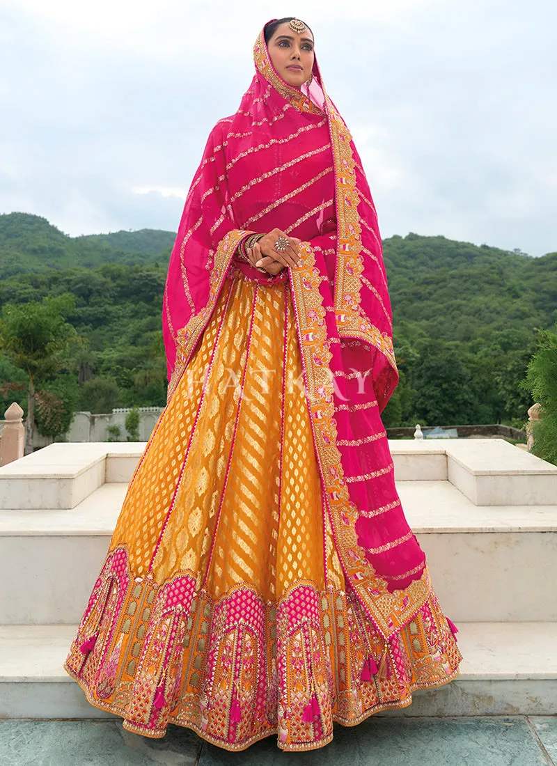 Orange And Pink Traditional Embroidery Bridal Lehenga Choli