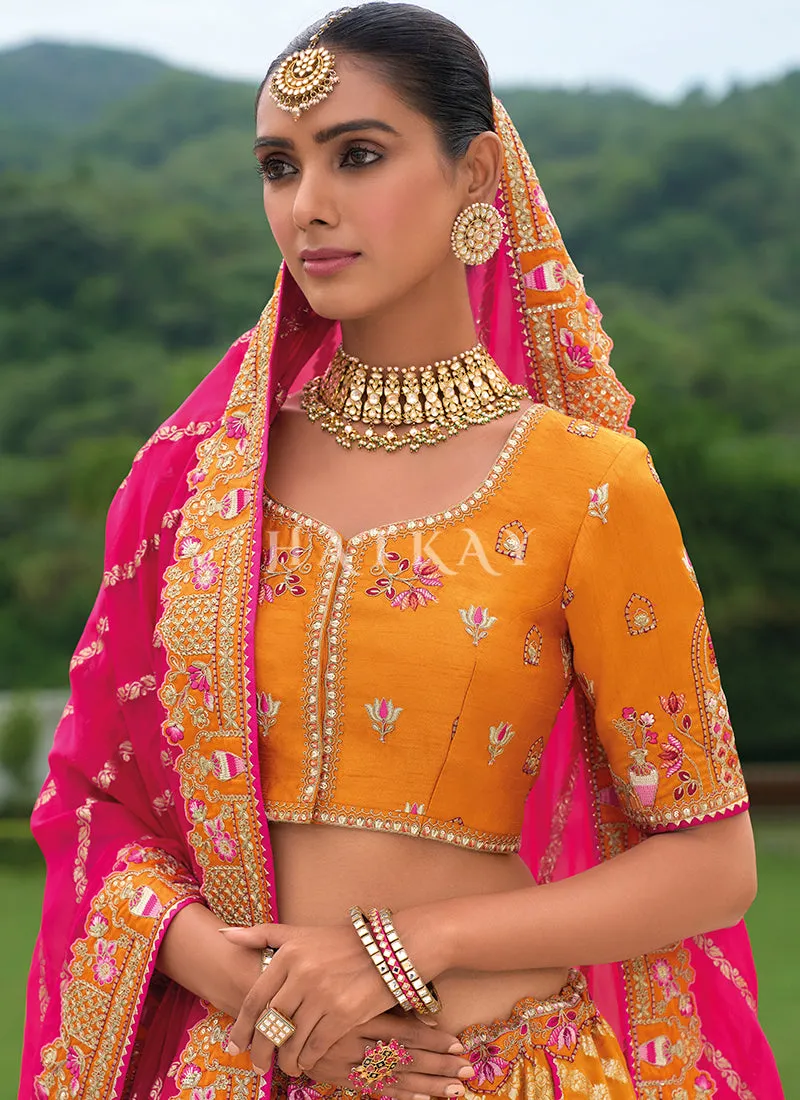 Orange And Pink Traditional Embroidery Bridal Lehenga Choli