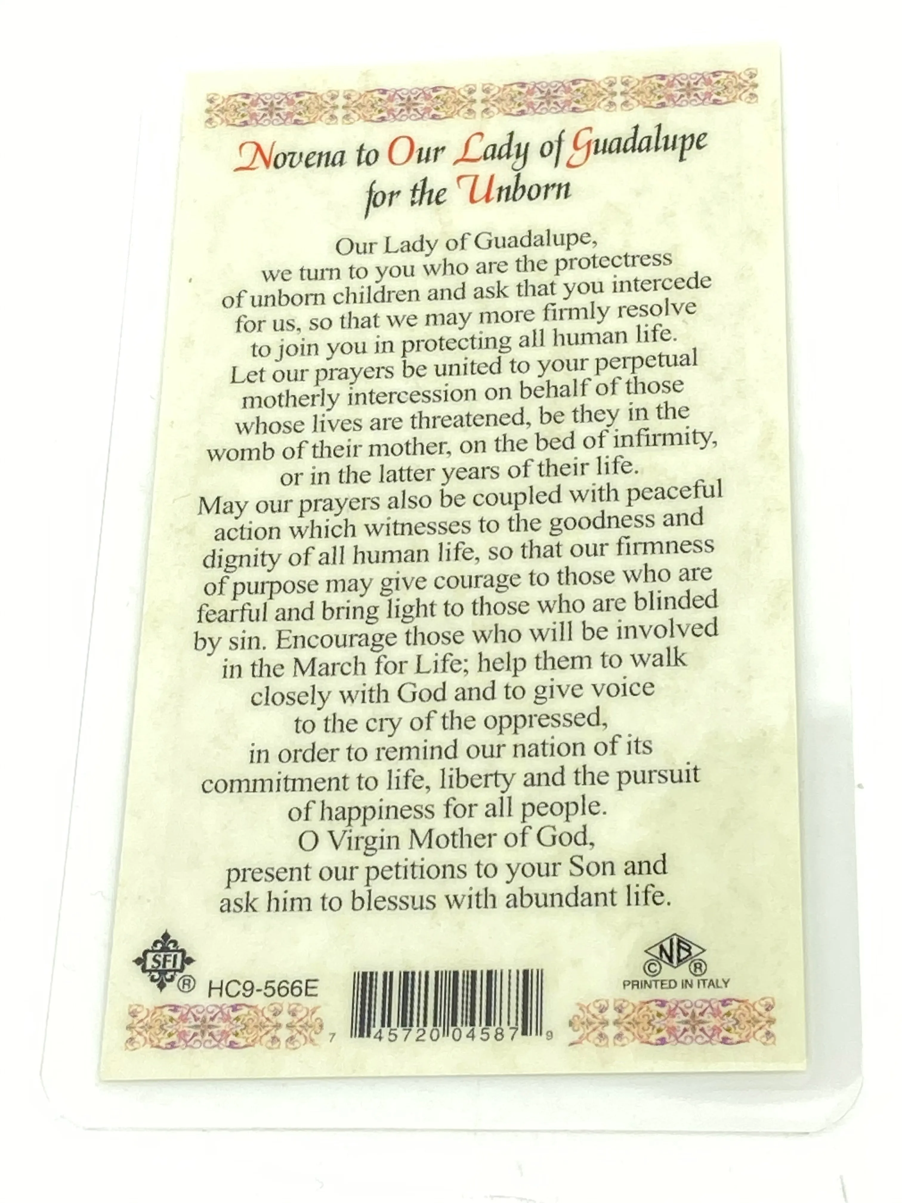 Our Lady of Guadalupe Novena for the Unborn Laminated Holy Card (Plastic Covered)
