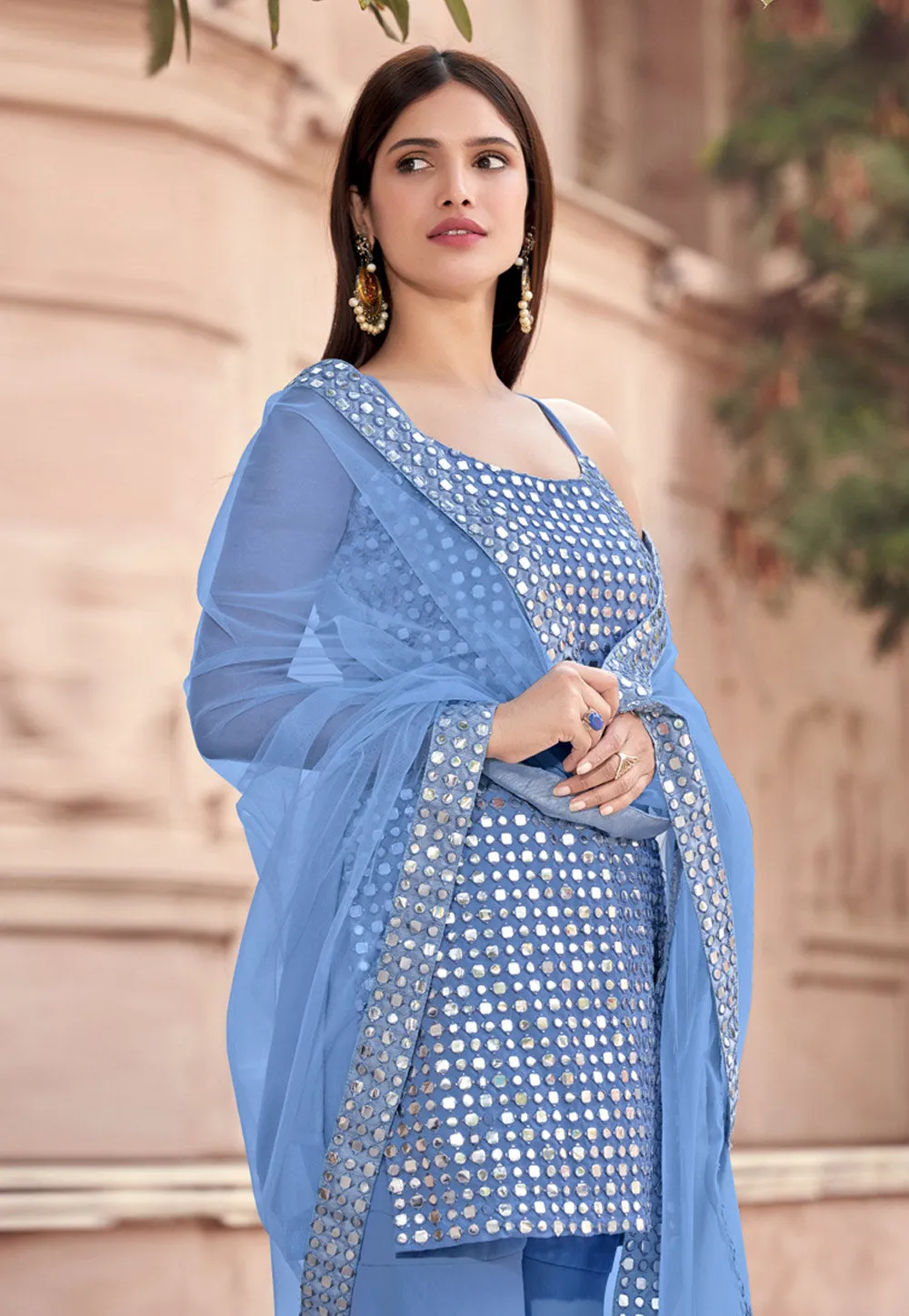 Pastel Blue Mirror Embroidered Gharara Suit
