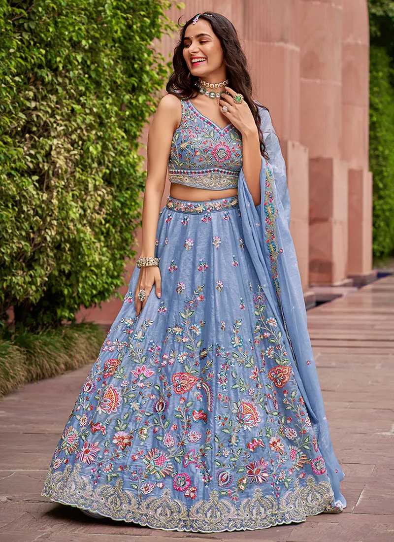 Pastel Blue Multi Embroidered Bridal Lehenga Choli