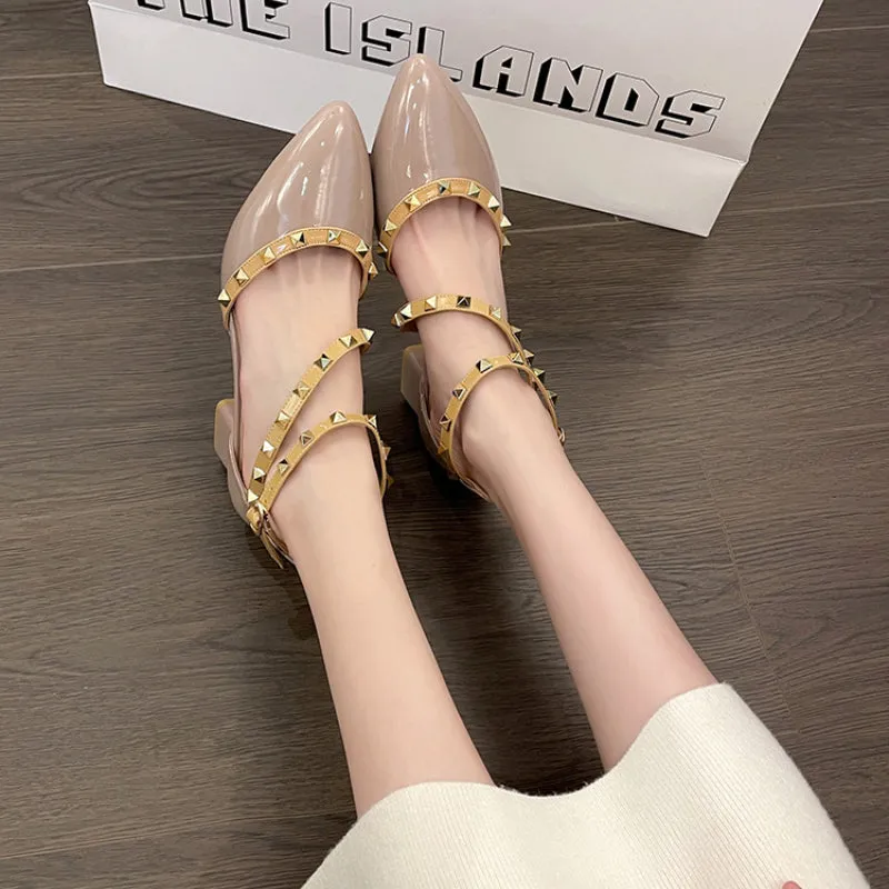 Patent Leather Rivet Strap Block Heel Sandals with Closed Toe
