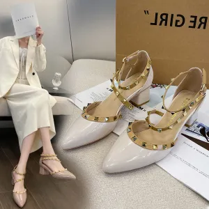 Patent Leather Rivet Strap Block Heel Sandals with Closed Toe
