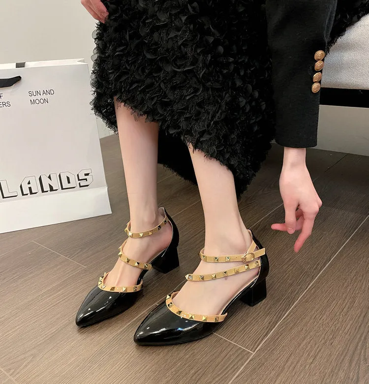 Patent Leather Rivet Strap Block Heel Sandals with Closed Toe
