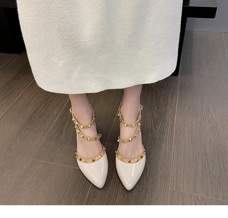 Patent Leather Rivet Strap Block Heel Sandals with Closed Toe