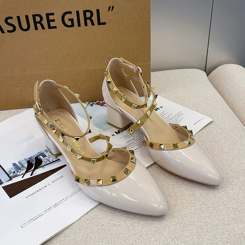 Patent Leather Rivet Strap Block Heel Sandals with Closed Toe