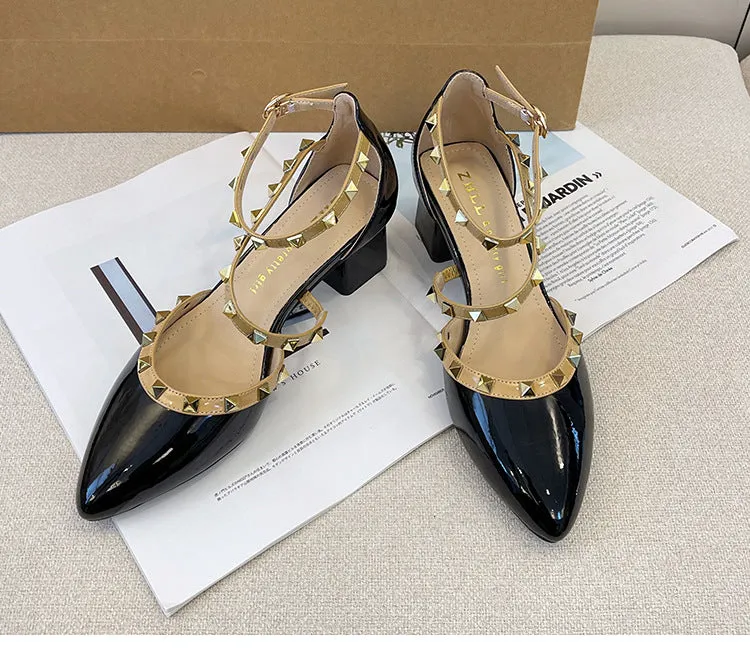 Patent Leather Rivet Strap Block Heel Sandals with Closed Toe