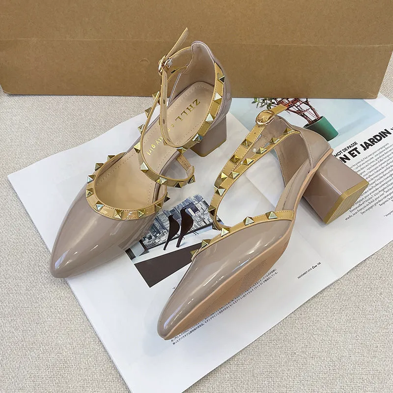 Patent Leather Rivet Strap Block Heel Sandals with Closed Toe