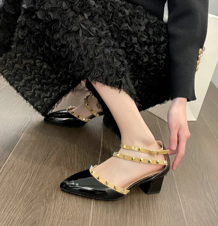 Patent Leather Rivet Strap Block Heel Sandals with Closed Toe