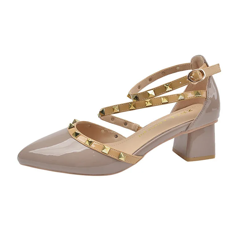 Patent Leather Rivet Strap Block Heel Sandals with Closed Toe