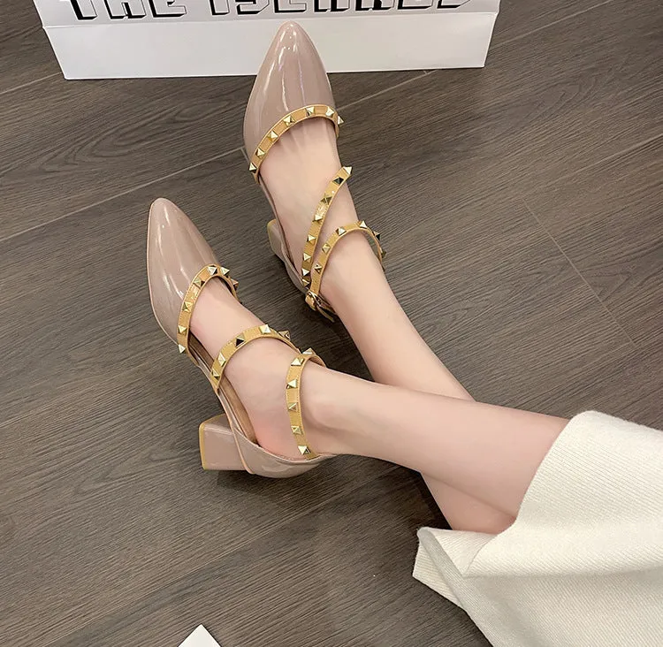 Patent Leather Rivet Strap Block Heel Sandals with Closed Toe