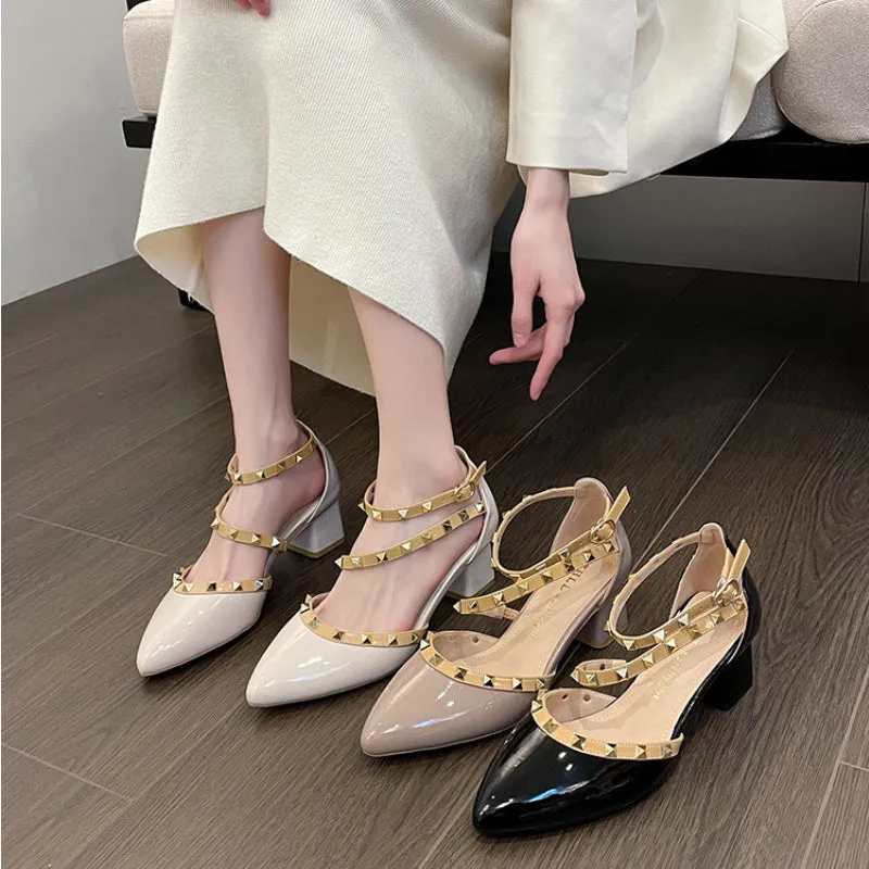Patent Leather Rivet Strap Block Heel Sandals with Closed Toe