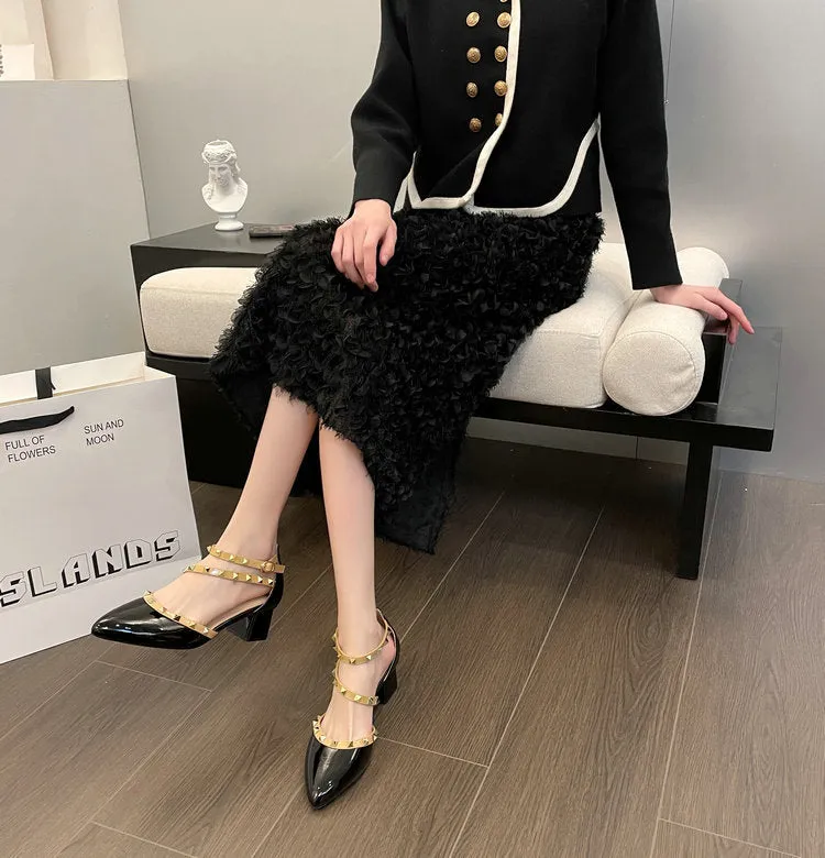 Patent Leather Rivet Strap Block Heel Sandals with Closed Toe